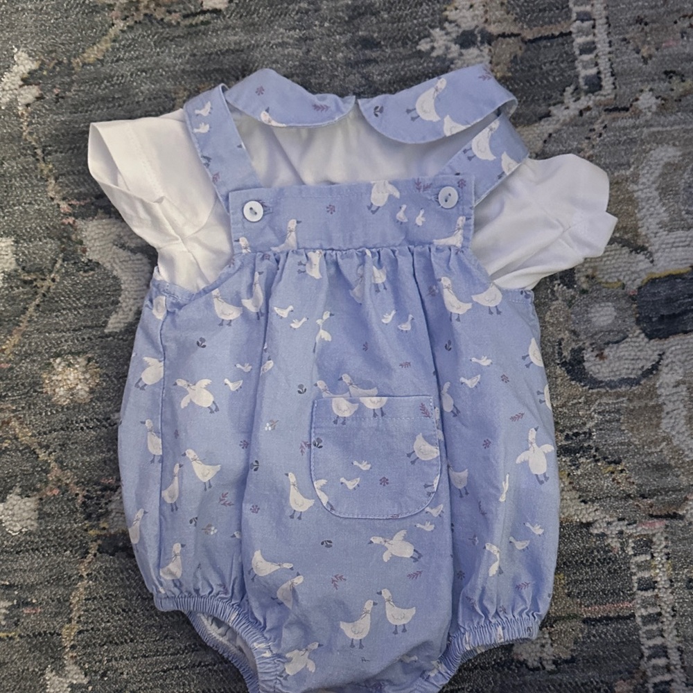 DONA CARMEN  Blue Baby Romper with Bird Print 2 piece set